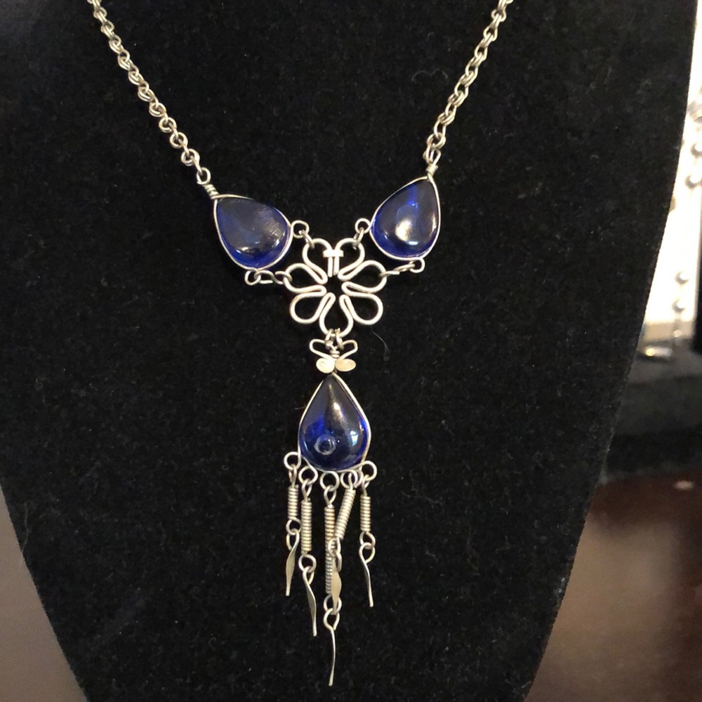 Silver wire and blue glass necklace